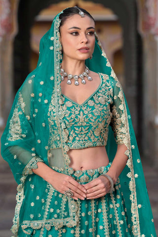 Wedding Wear Cyan Color Embroidered Lovely Lehenga In Net Fabric