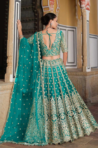 Wedding Wear Cyan Color Embroidered Lovely Lehenga In Net Fabric