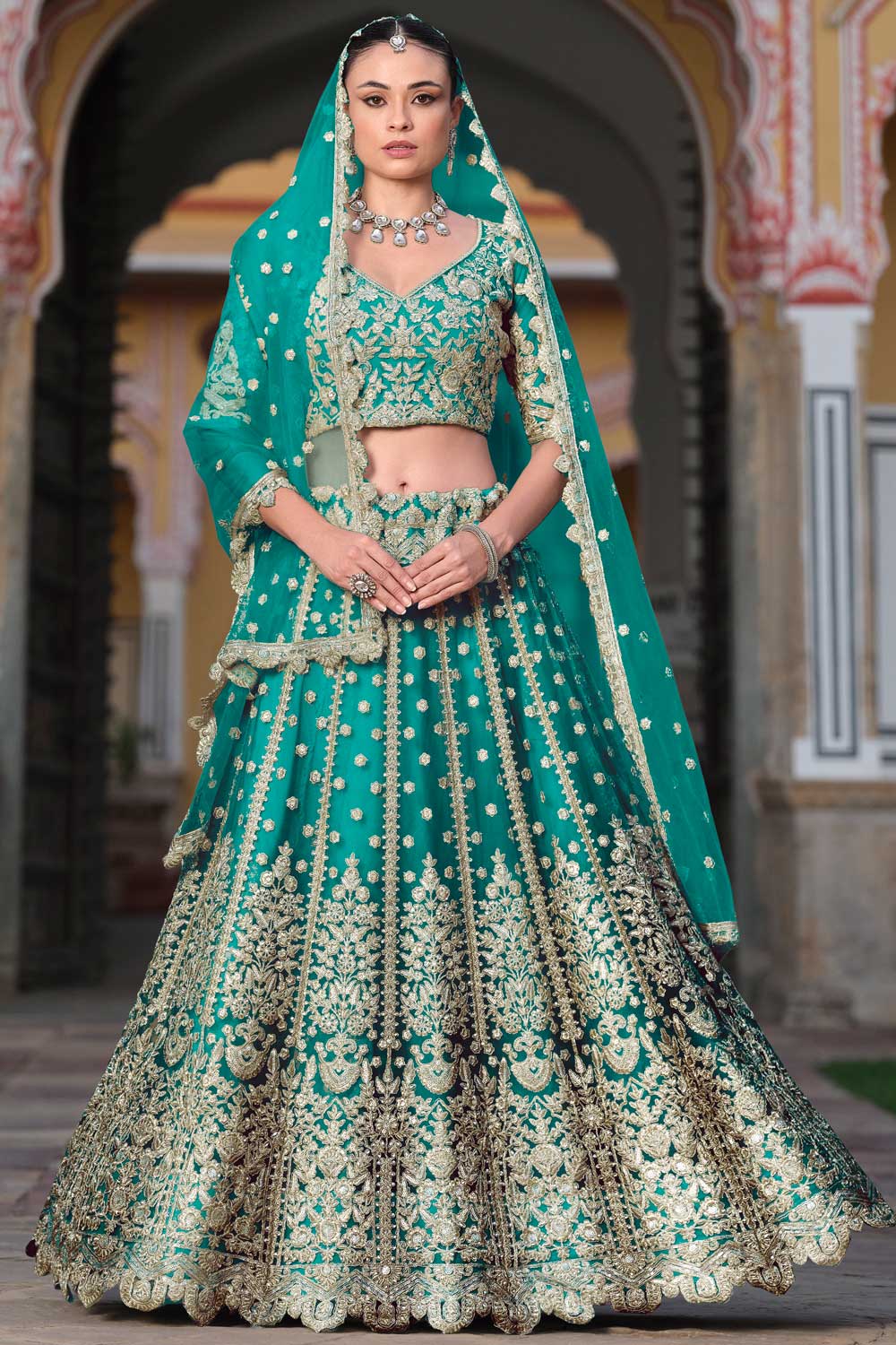 Wedding Wear Cyan Color Embroidered Lovely Lehenga In Net Fabric