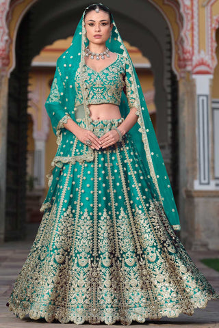 Wedding Wear Cyan Color Embroidered Lovely Lehenga In Net Fabric