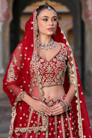 Trendy Embroidered Red Color Net Fabric Lehenga Choli