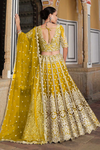 Radiant Net Fabric Yellow Color Embroidered Lehenga