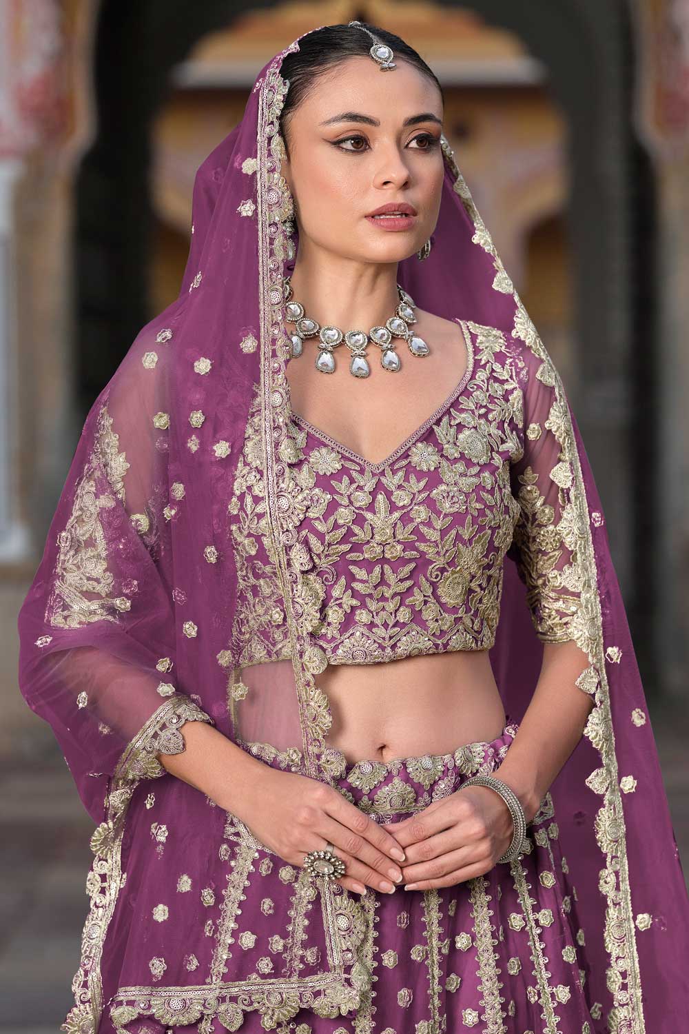 Lavender Color Alluring Embroidered Lehenga Choli In Net Fabric