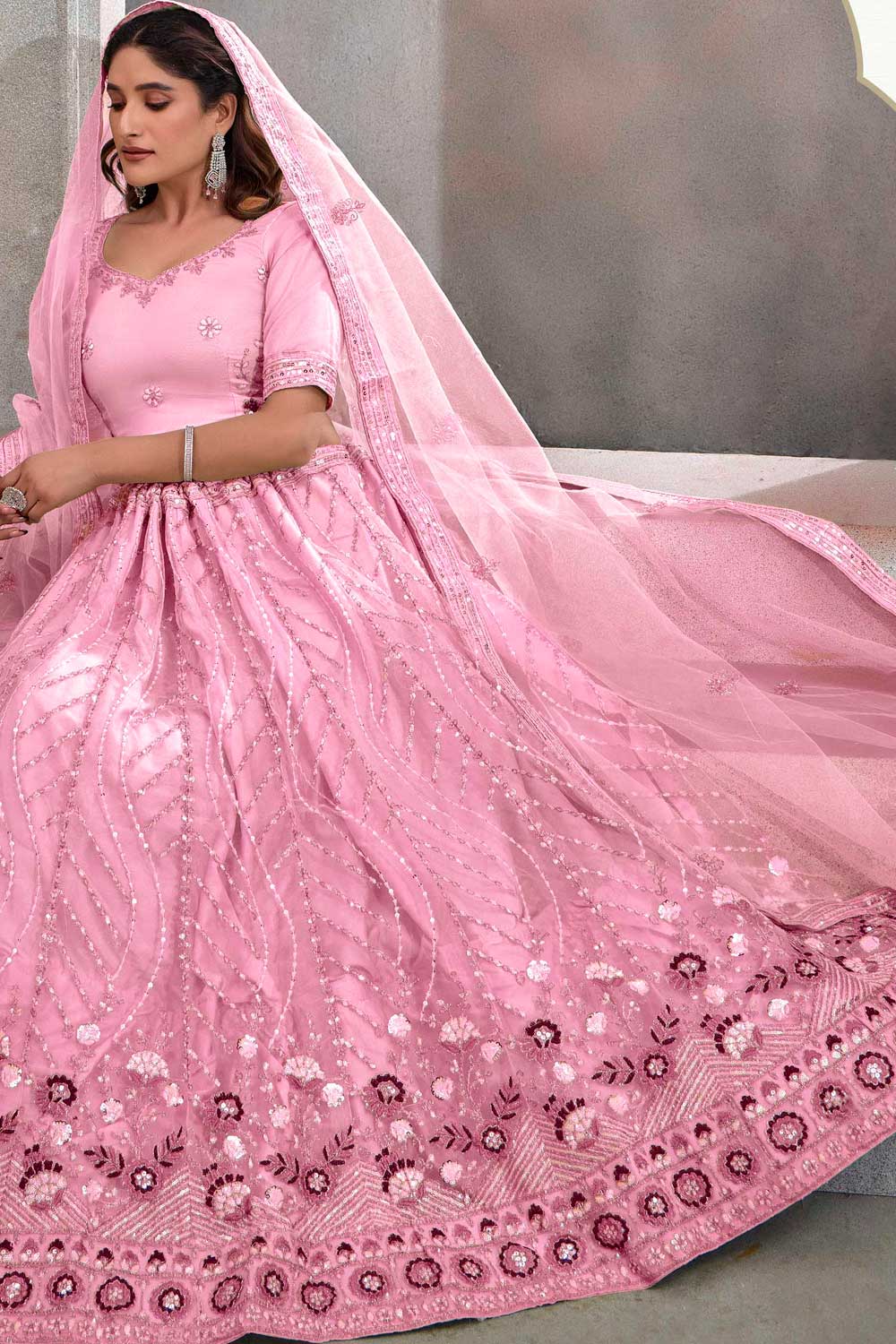 Fashionable Pink Color Function Wear Net Fabric Lehenga