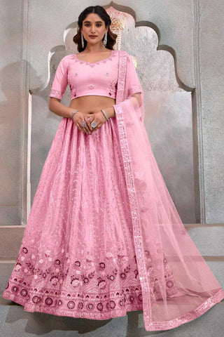 Fashionable Pink Color Function Wear Net Fabric Lehenga