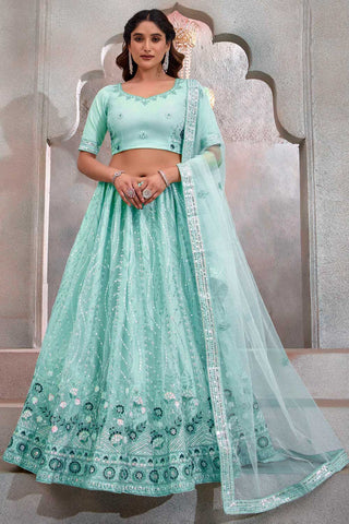 Glamorous Cyan Color Function Wear Net Fabric Lehenga