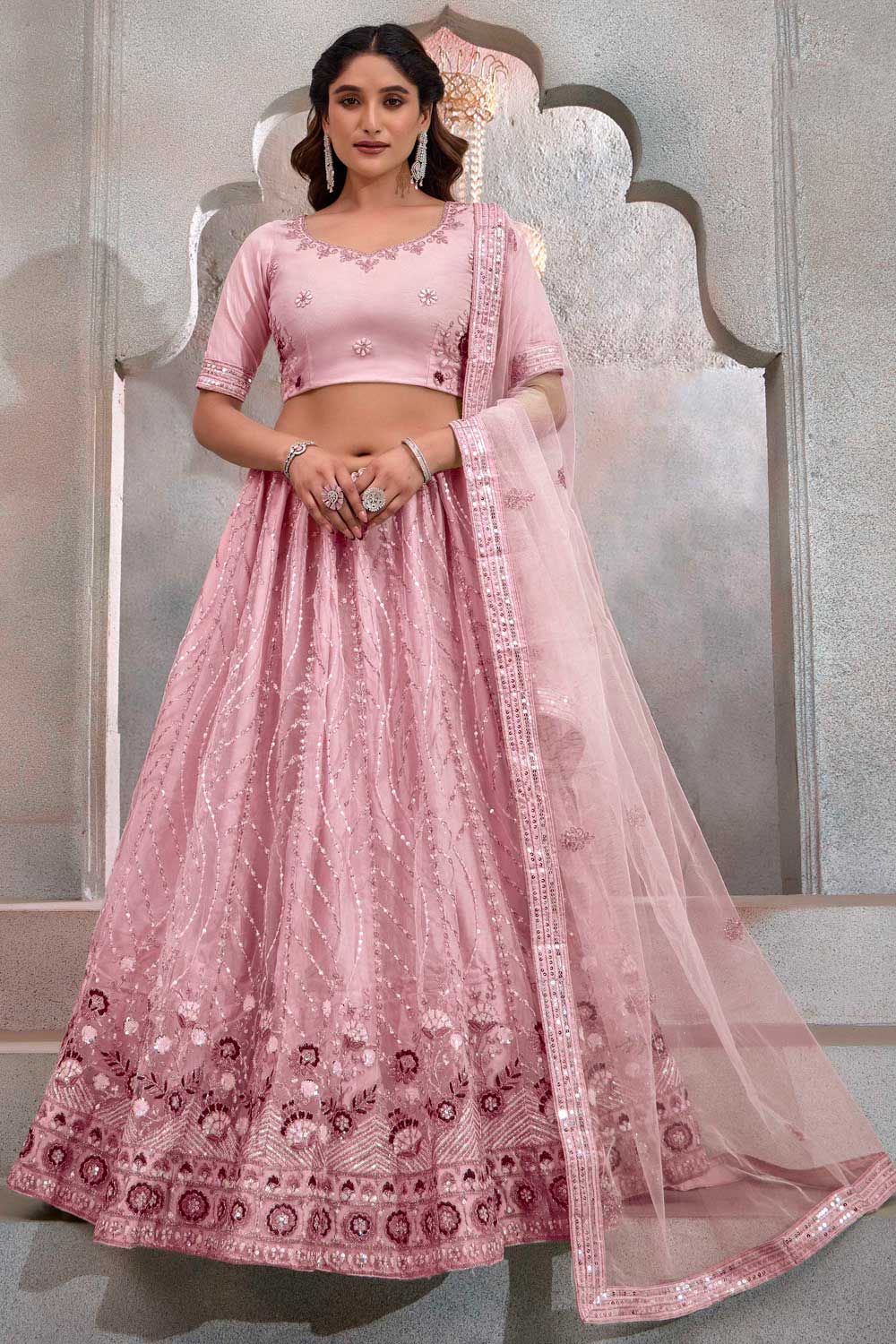 Peach Color Gorgeous Function Wear Net Fabric Lehenga