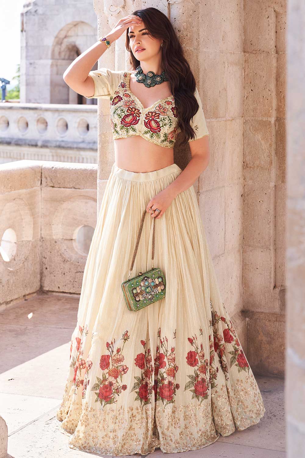 Glamorous Beige Color Chinon Silk Readymade Lehenga