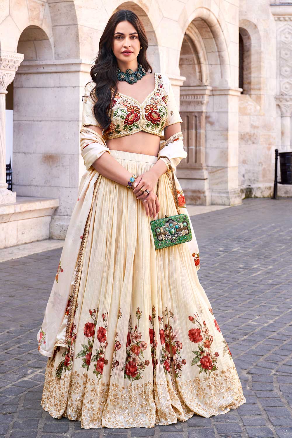 Glamorous Beige Color Chinon Silk Readymade Lehenga