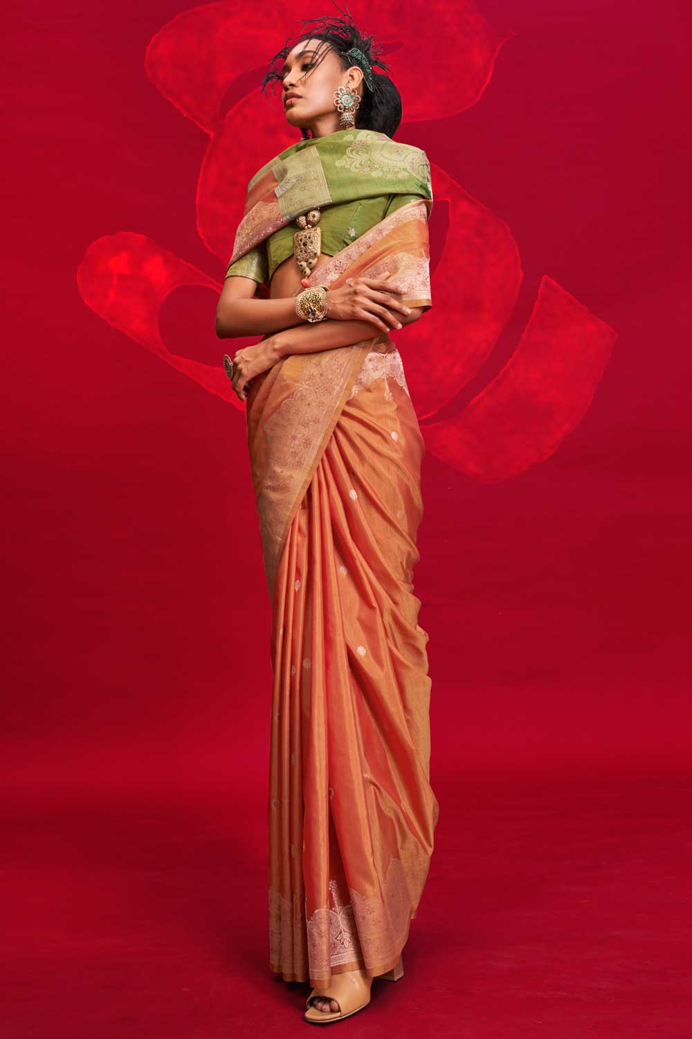 Delicate Orange Color Art Silk Handloom Weaving Saree