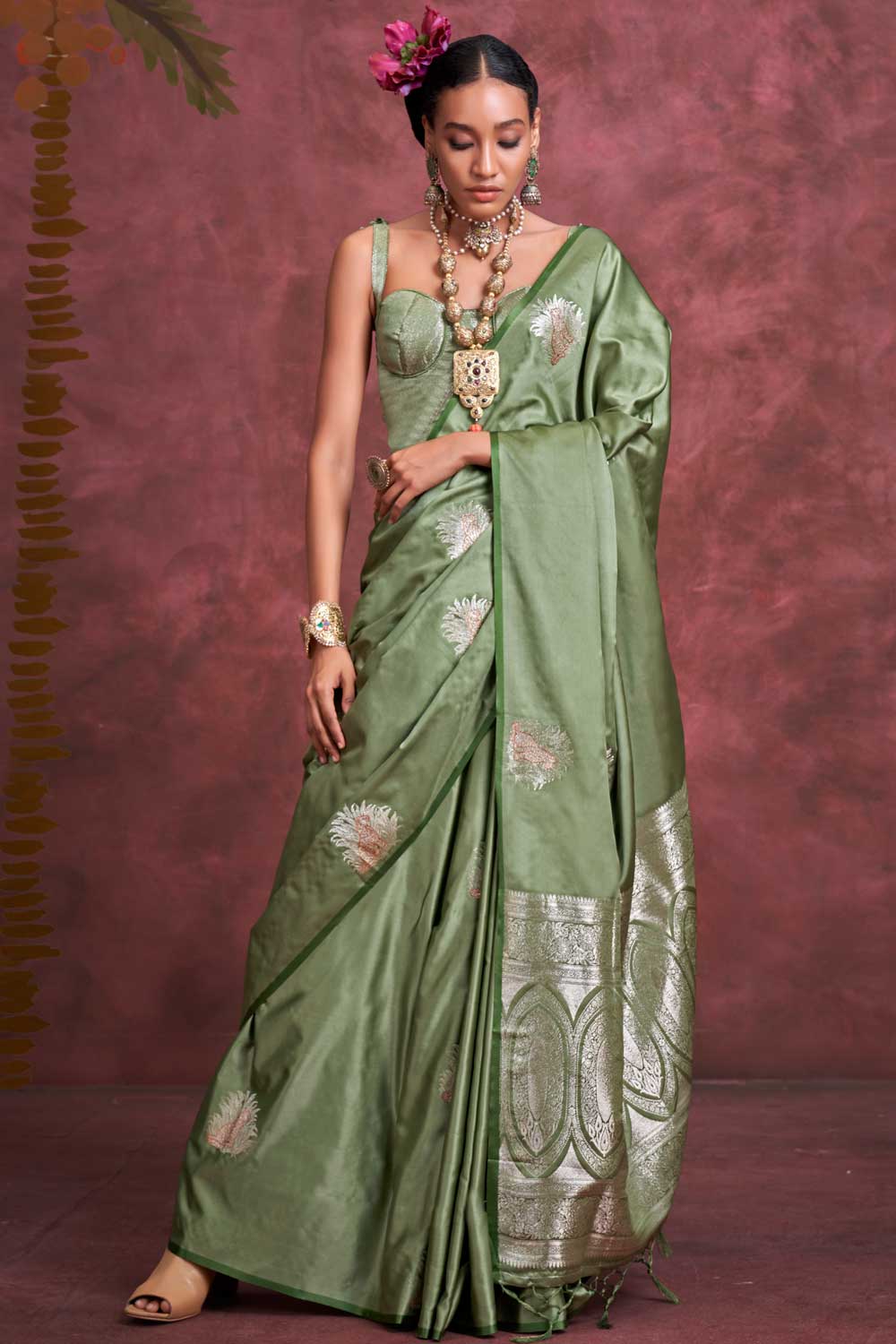 Banarasi Zari Weaving Sea Green Color Beatific Satin Handloom Silk Saree