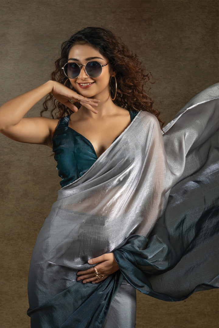 Satin Silk Fabric Party Look Grey Saree