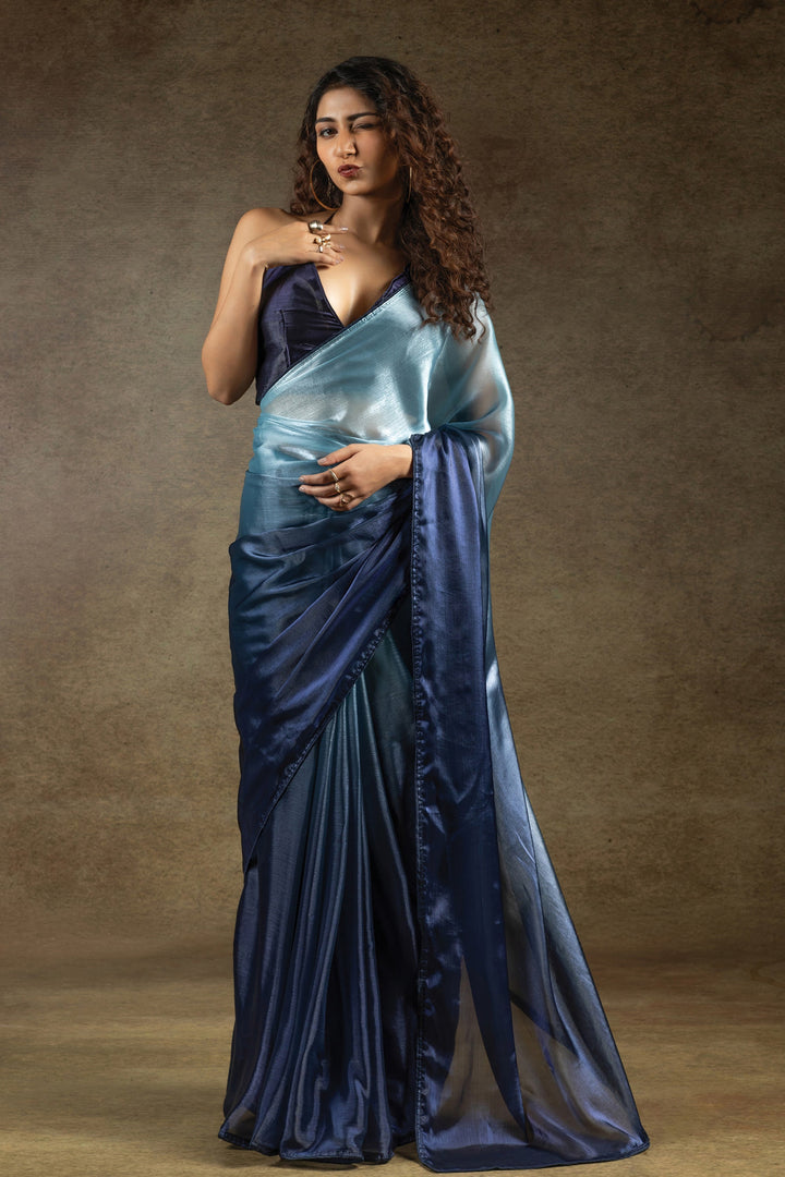 Satin Silk Fabric Party LookNavy Blue Color Saree