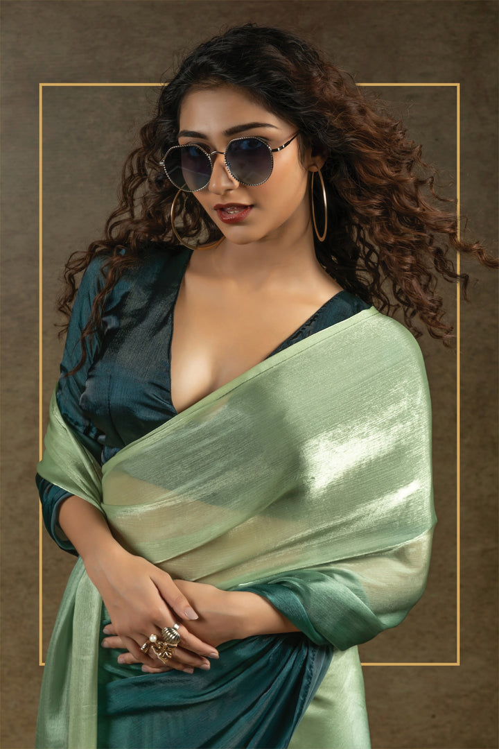 Party Wear Satin Silk Fabric Saree In Sea Green Color
