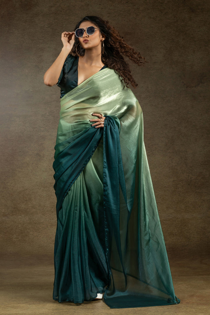 Party Wear Satin Silk Fabric Saree In Sea Green Color