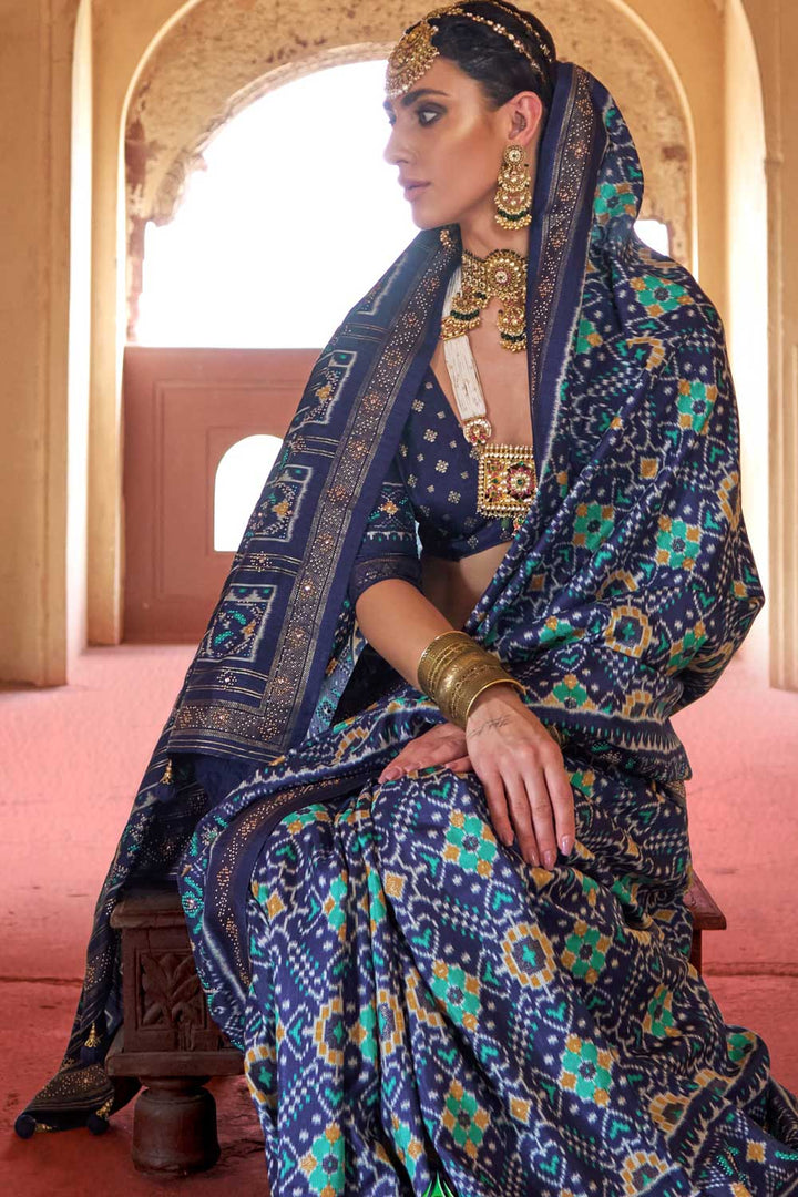 Art Silk Fabric Patola Printed Saree In Navy Blue Color