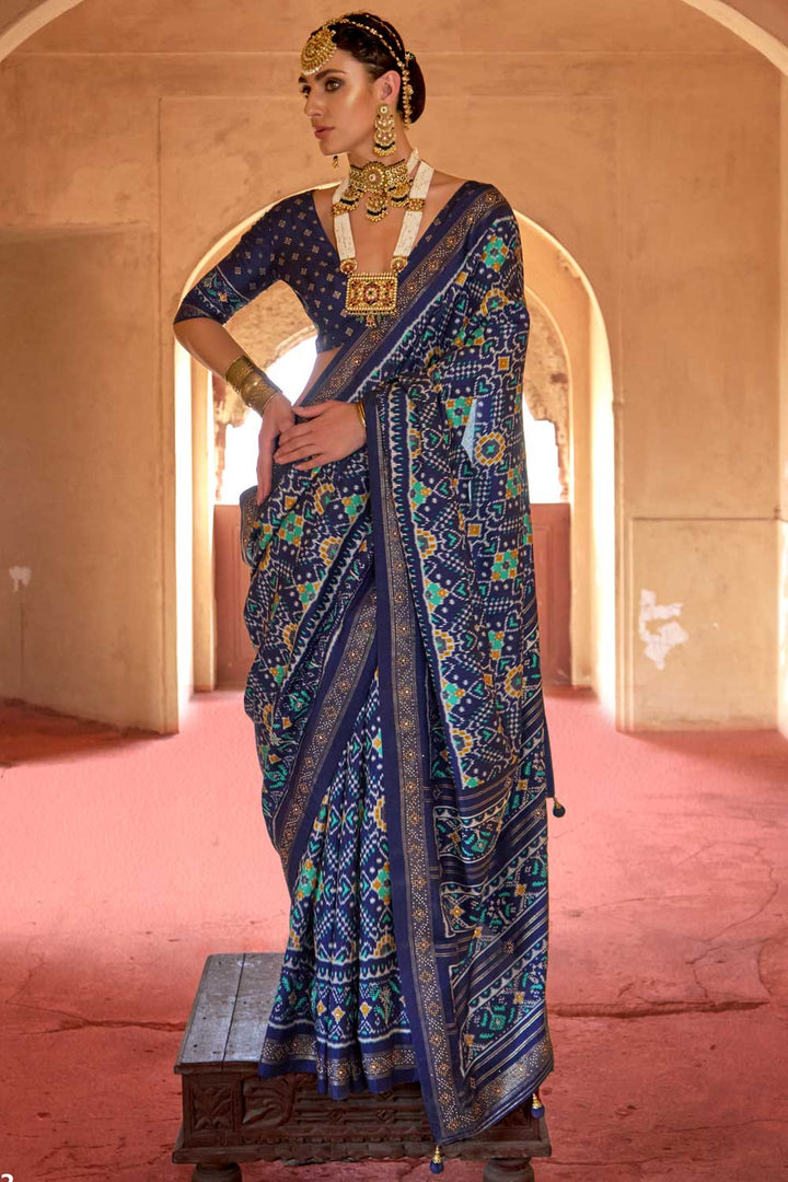 Art Silk Fabric Patola Printed Saree In Navy Blue Color