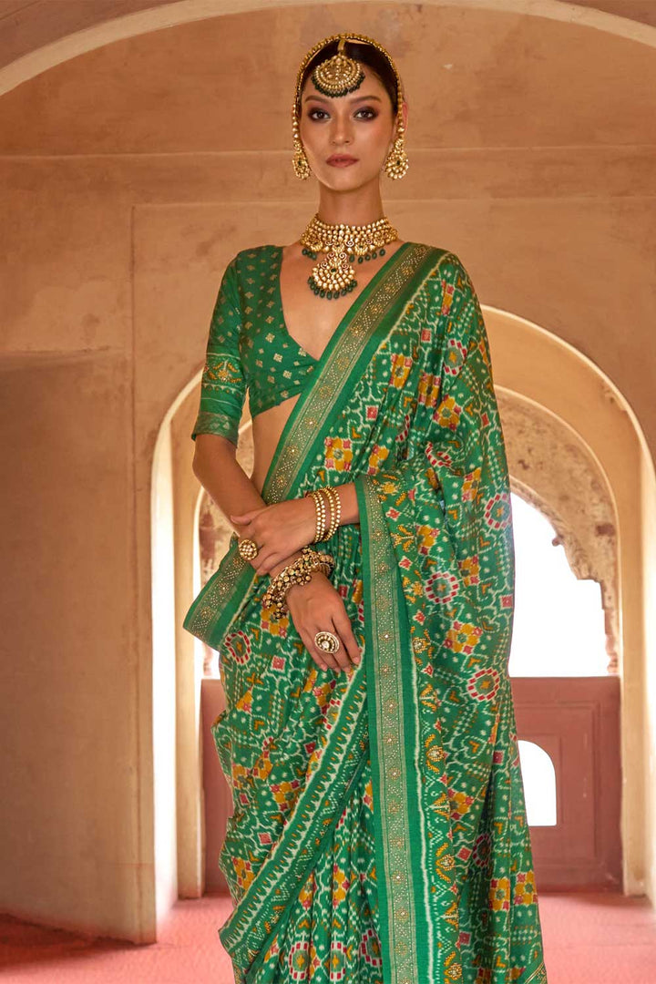 Green Color Art Silk Fabric Patola Printed Festive Saree
