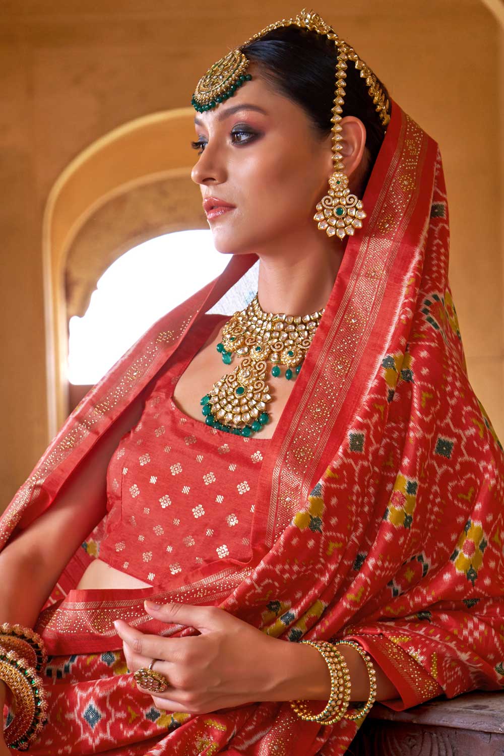 Art Silk Fabric Patola Printed Saree In Red Color