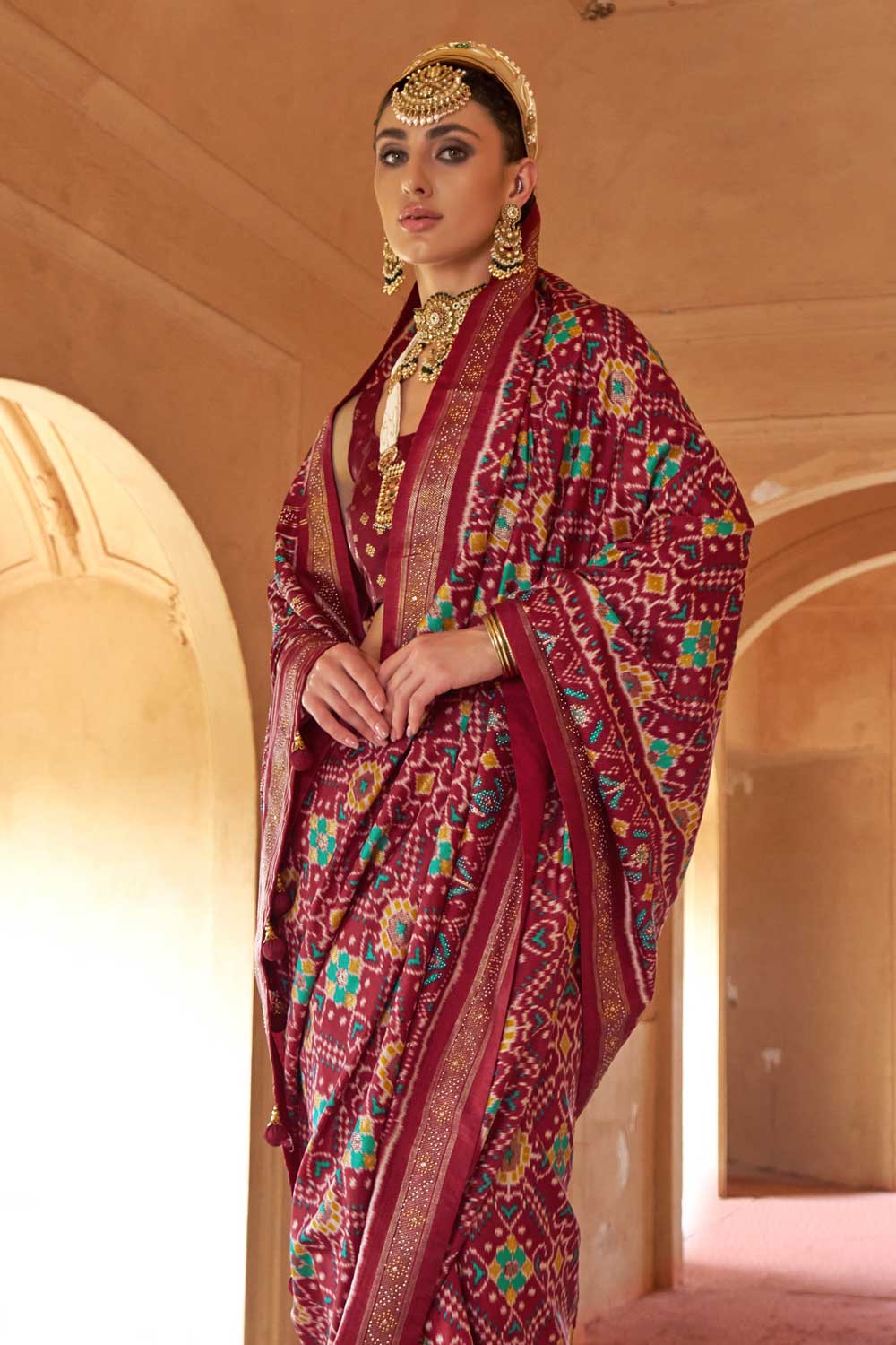 Maroon Color Festive Wear Art Silk Fabric Patola Printed Saree