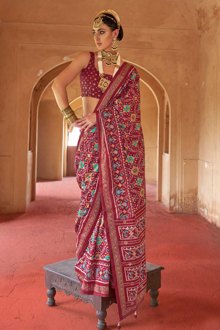 Maroon Color Festive Wear Art Silk Fabric Patola Printed Saree
