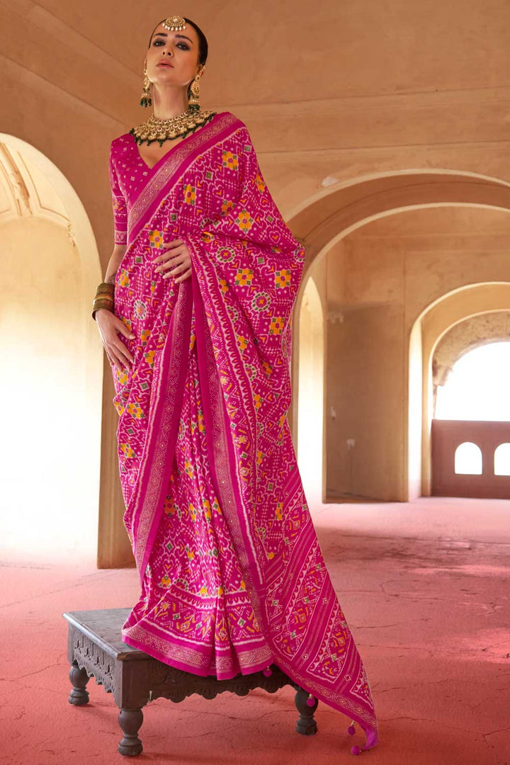 Art Silk Fabric Rani Color Patola Printed Festive Saree