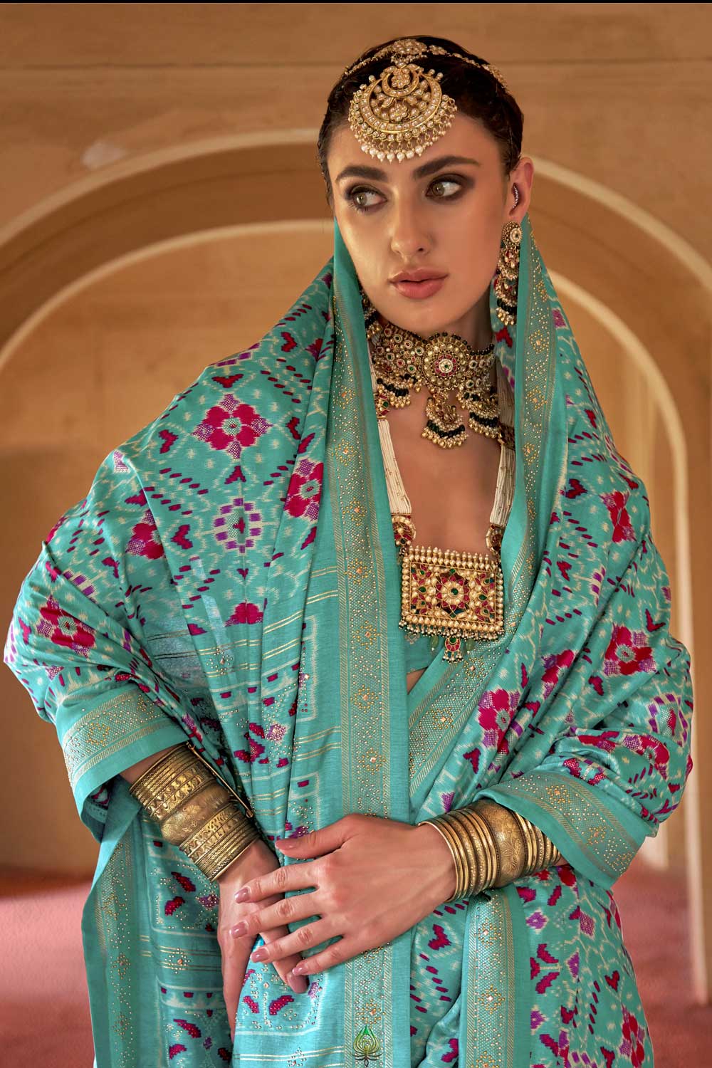 Cyan Color Art Silk Fabric Patola Printed Saree For Festive