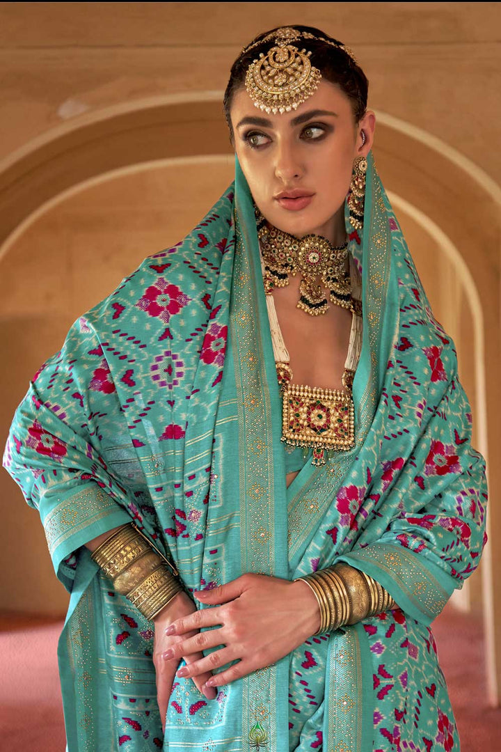 Cyan Color Art Silk Fabric Patola Printed Saree For Festive