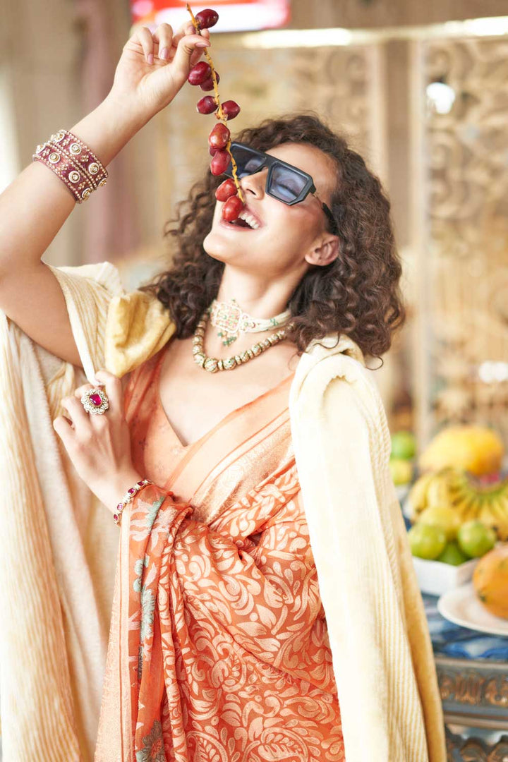 Georgette Fabric Printed Saree In Peach Color