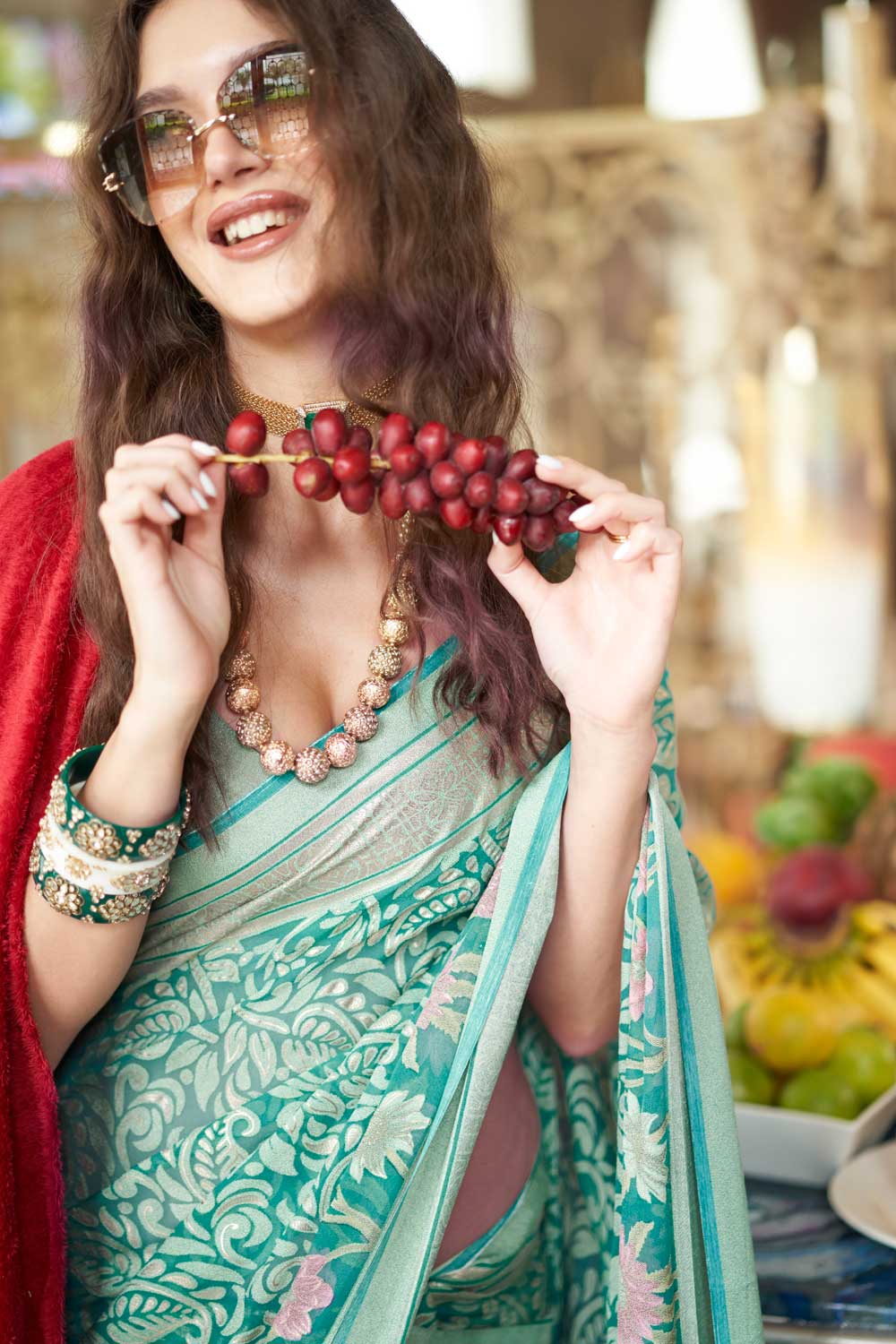 Festive Look Georgette Fabric Printed Saree In Cyan Color