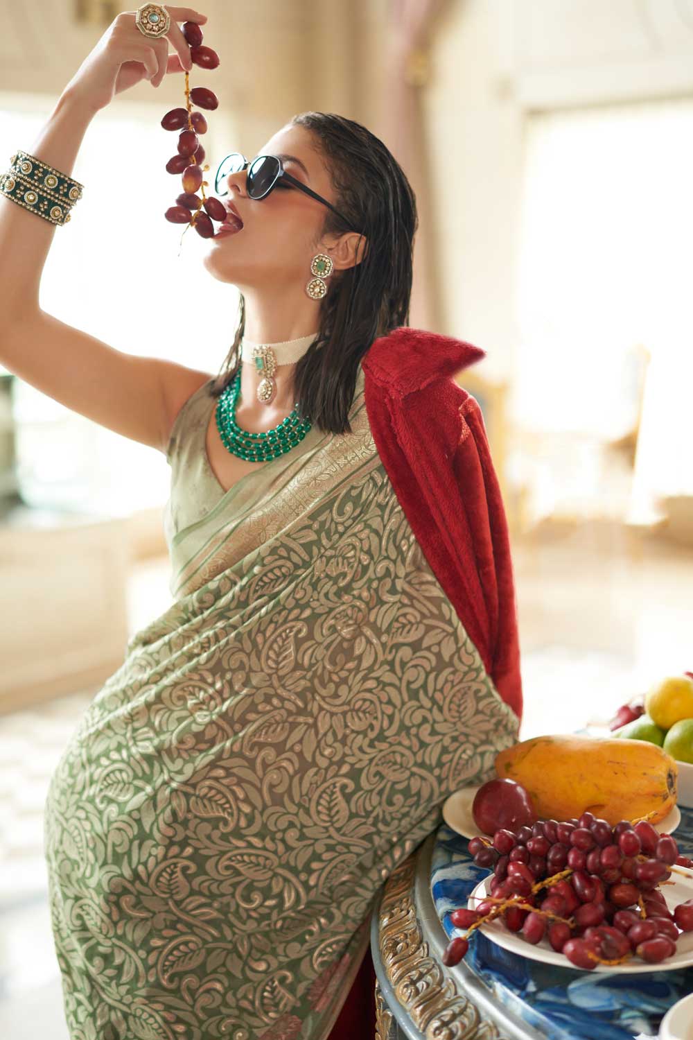 Georgette Fabric Sea Green Color Printed Festive Saree