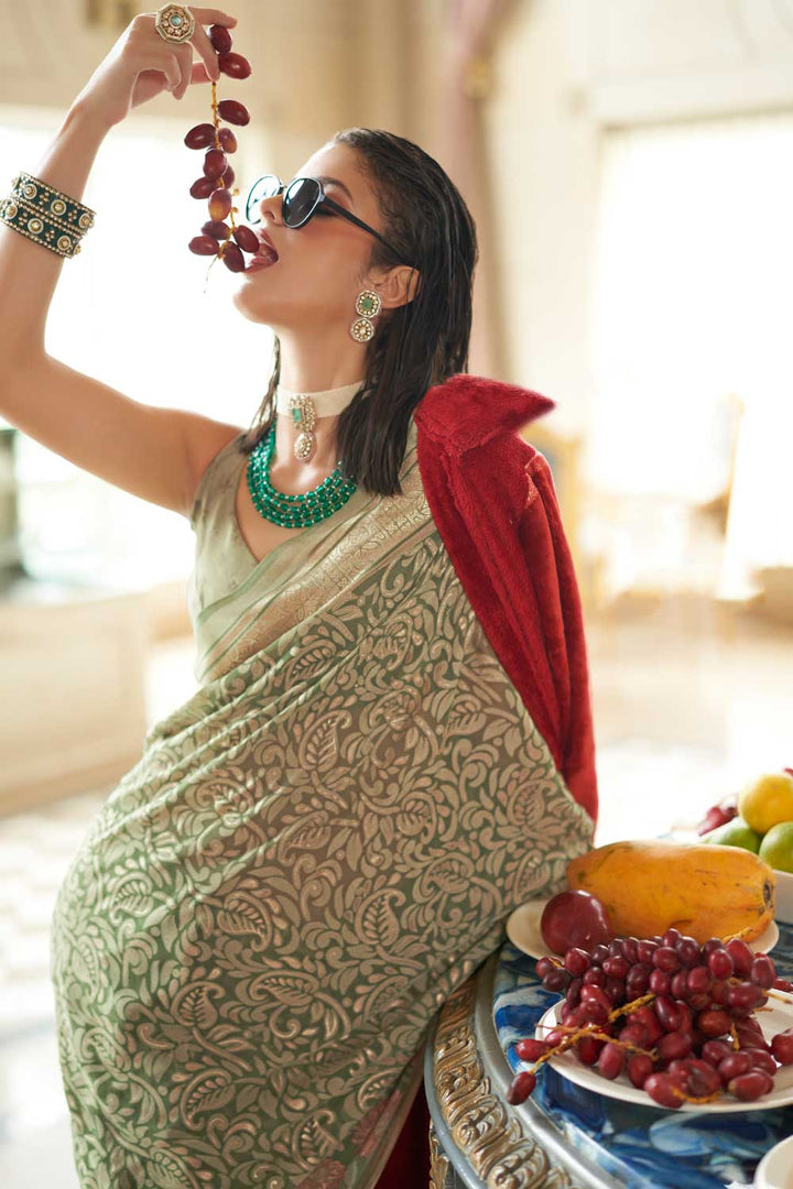 Georgette Fabric Sea Green Color Printed Festive Saree