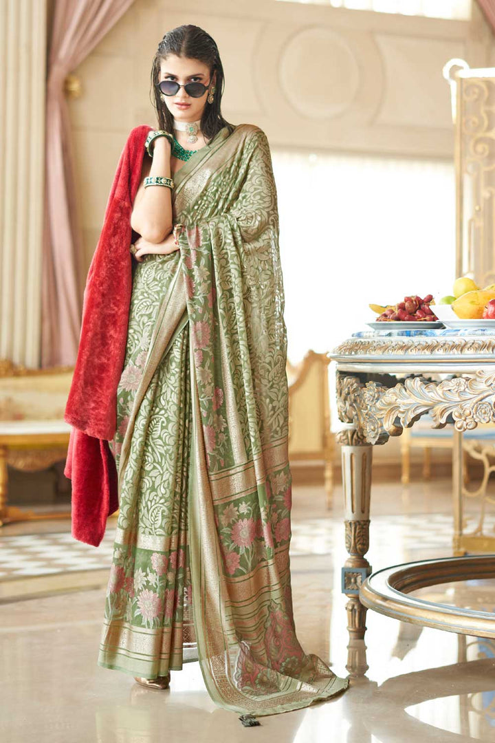 Georgette Fabric Sea Green Color Printed Festive Saree