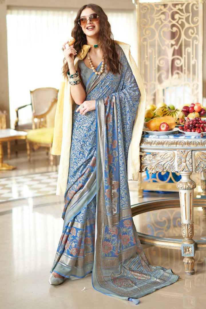 Blue Color Georgette Fabric Printed Saree For Festive | Buy Online India