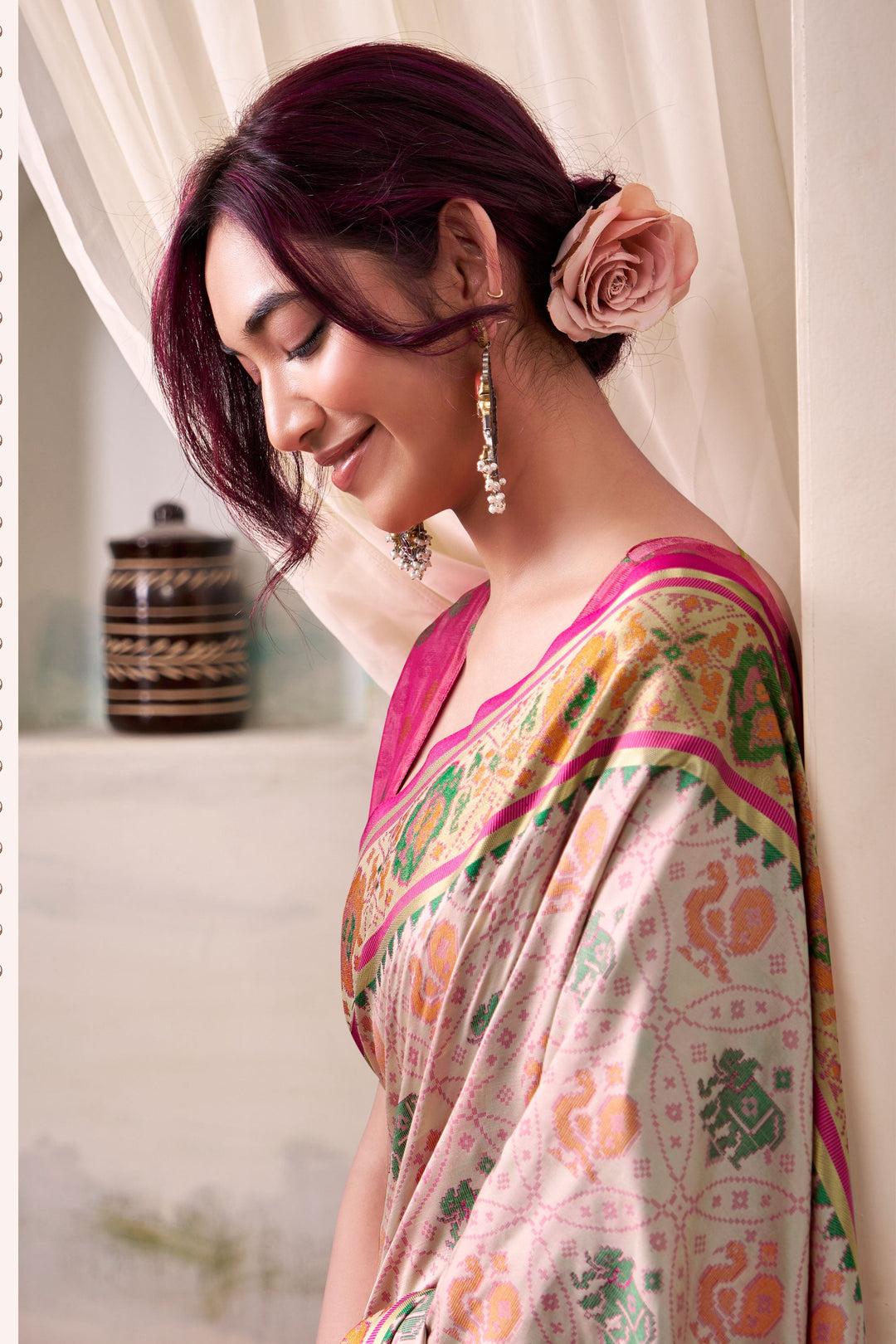 Festive Look Beige Color Beatific Patola Printed Silk Saree
