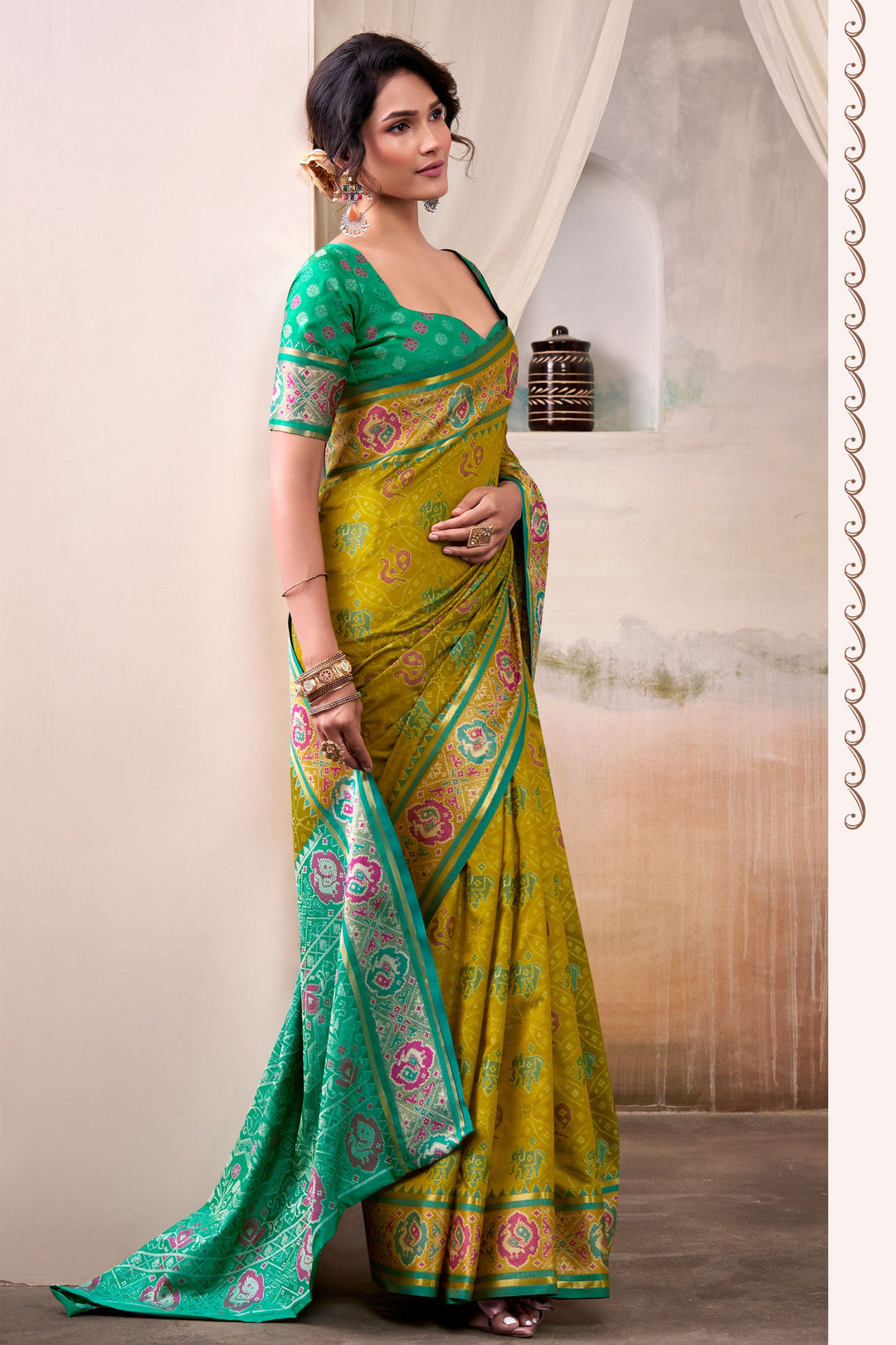 Fabulous Festive Look Mehendi Green Color Patola Printed Silk Saree