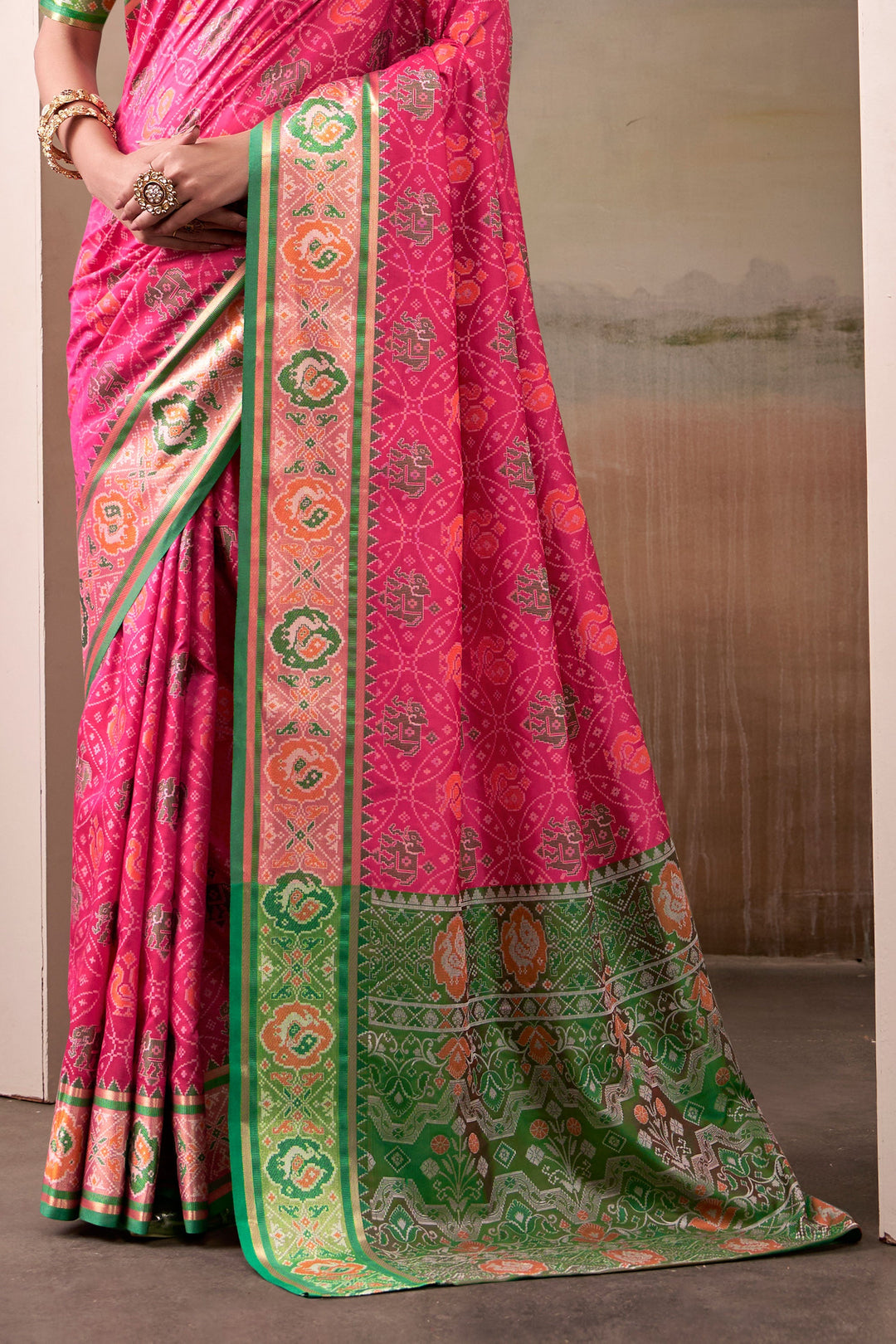 Festive Look Pink Color Gorgeous Patola Printed Silk Saree
