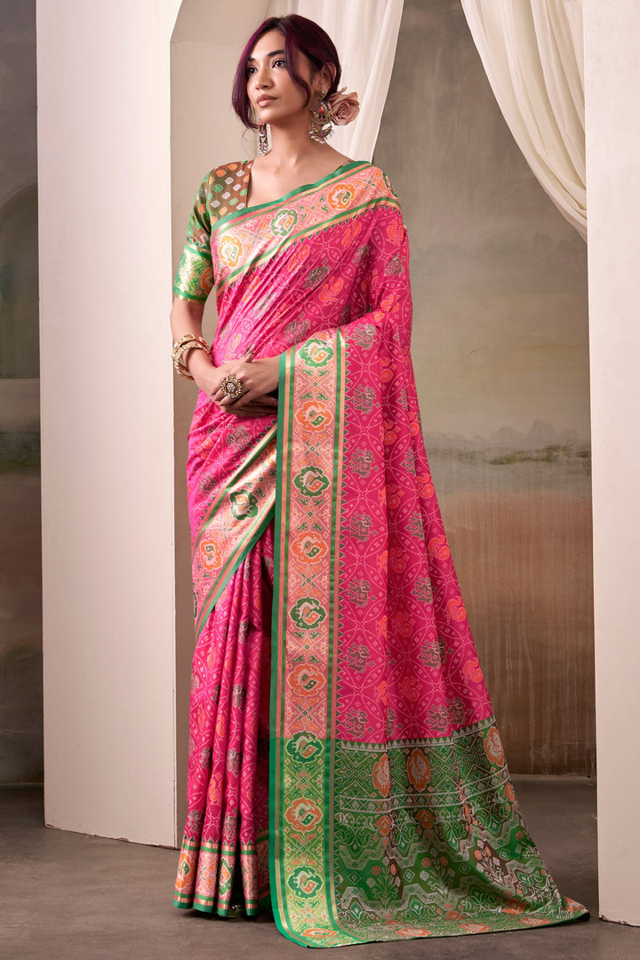 Festive Look Pink Color Gorgeous Patola Printed Silk Saree