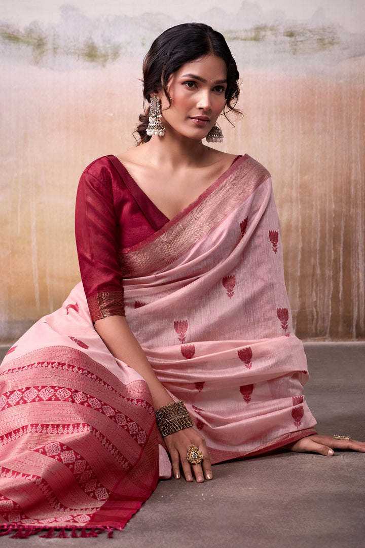 Awesome Weaving Work On Peach Color Cotton Silk Saree