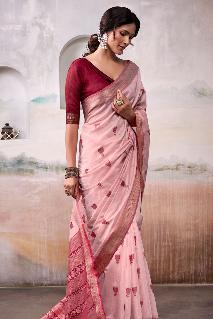 Awesome Weaving Work On Peach Color Cotton Silk Saree