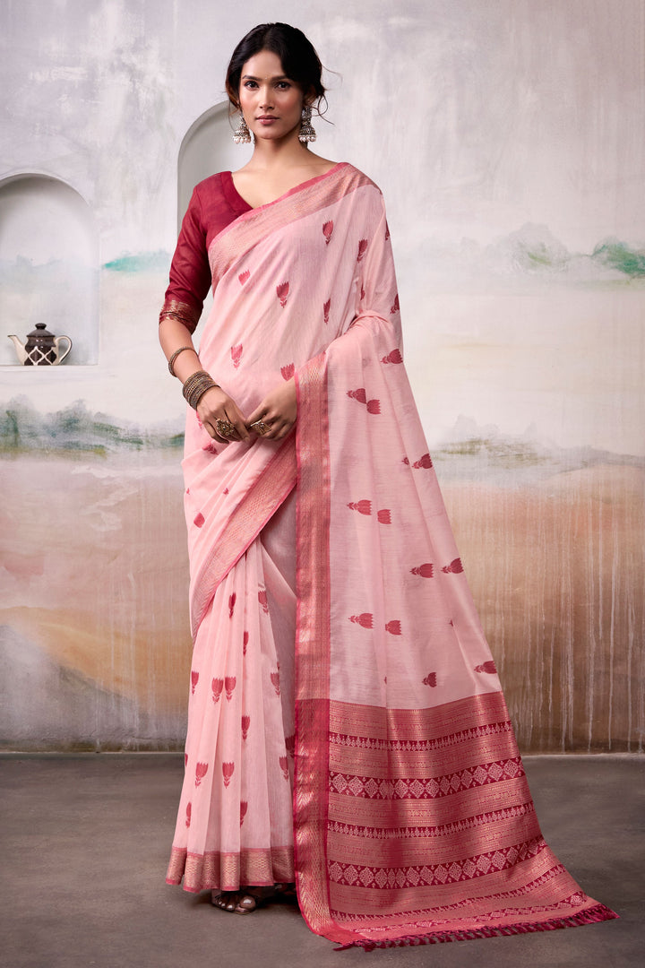 Awesome Weaving Work On Peach Color Cotton Silk Saree
