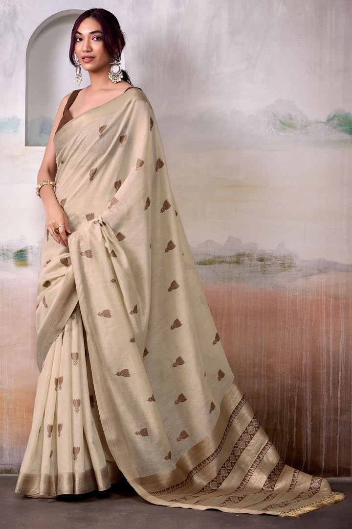 Tempting Beige Color Cotton Silk Saree With Weaving Work