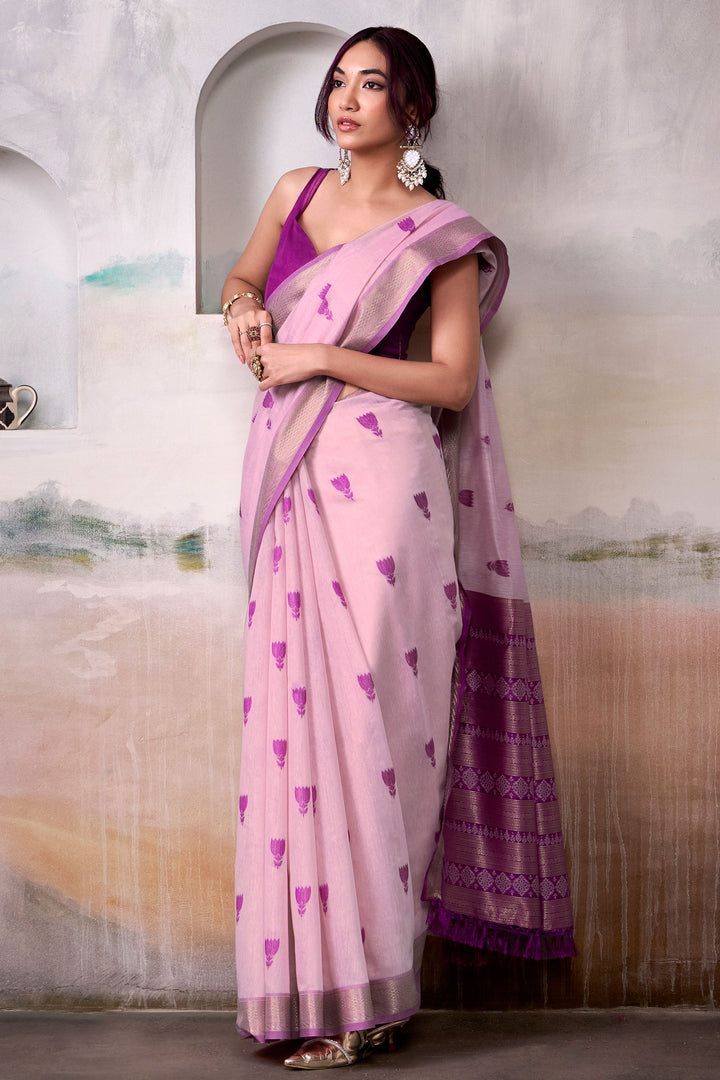 Engaging Pink Color Cotton Silk Saree With Weaving Work