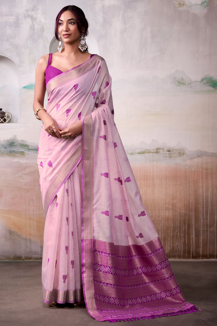 Engaging Pink Color Cotton Silk Saree With Weaving Work