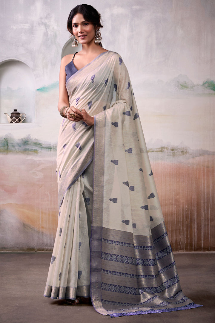 Weaving Work On Off White Color Gorgeous Cotton Silk Saree | Buy Online India