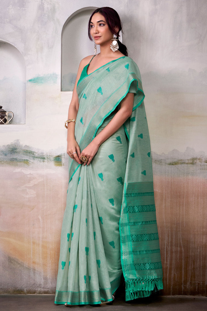Sea Green Color Cotton Silk Saree With Winsome Weaving Work