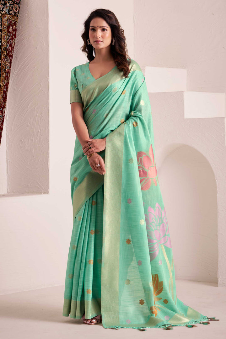 Jacquard Work On Linen Fabric Bewitching Saree In Cyan Color