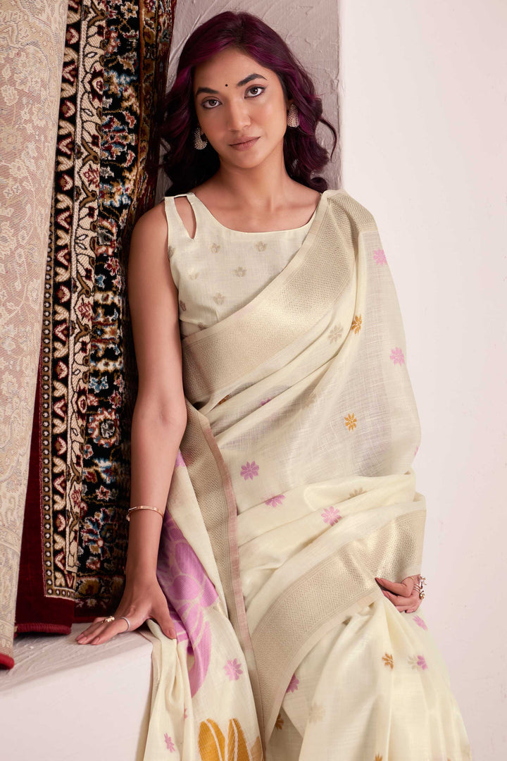 Off White Color Linen Fabric Coveted Saree With Jacquard Work