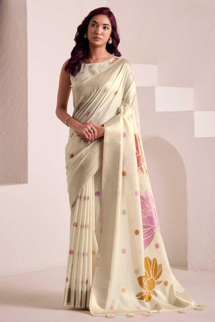 Off White Color Linen Fabric Coveted Saree With Jacquard Work