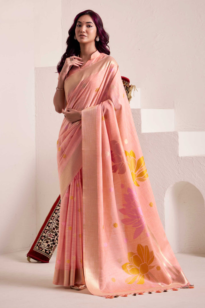 Linen Fabric Peach Color Riveting Saree With Jacquard Work